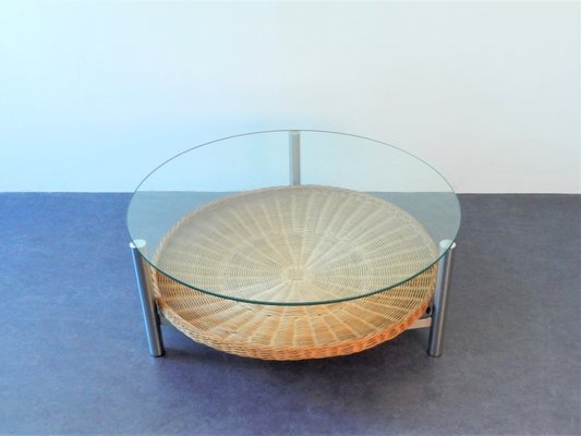 Vintage Dutch Metal, Wicker, and Glass Coffee Table-NV-667214