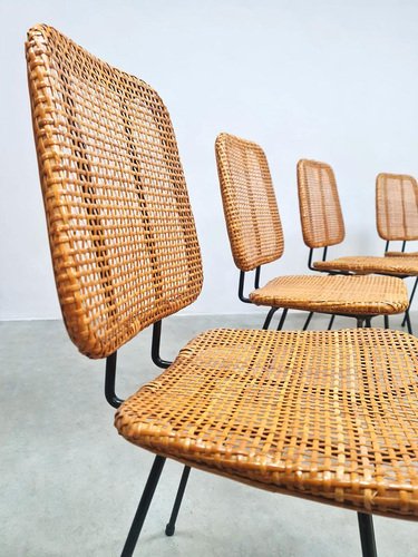 Vintage Dutch Rattan Dining Chairs by Dirk Van Sliedregt, 1950s, Set of 4