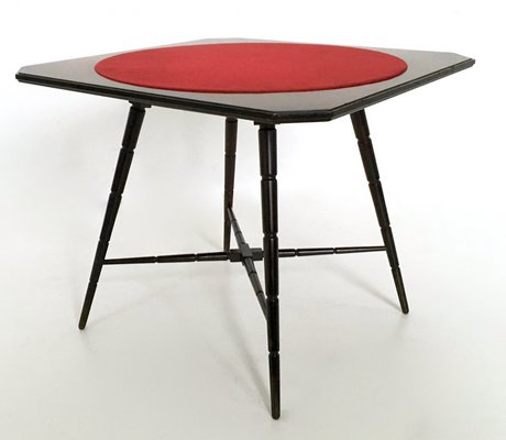 Vintage Ebonized Beech Game Table with Red Fabric from Chiavari, Italy, 1950s-JPQ-2027825