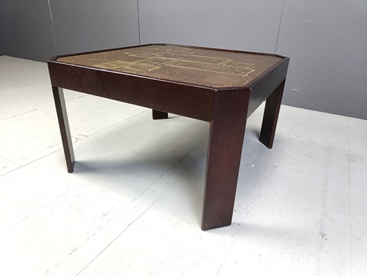 Vintage Ectched Brass and Wooden Coffee Table, 1970s-IRH-2031382