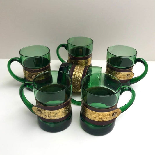 Vintage Emerald Glass Mugs, France, Set of 6