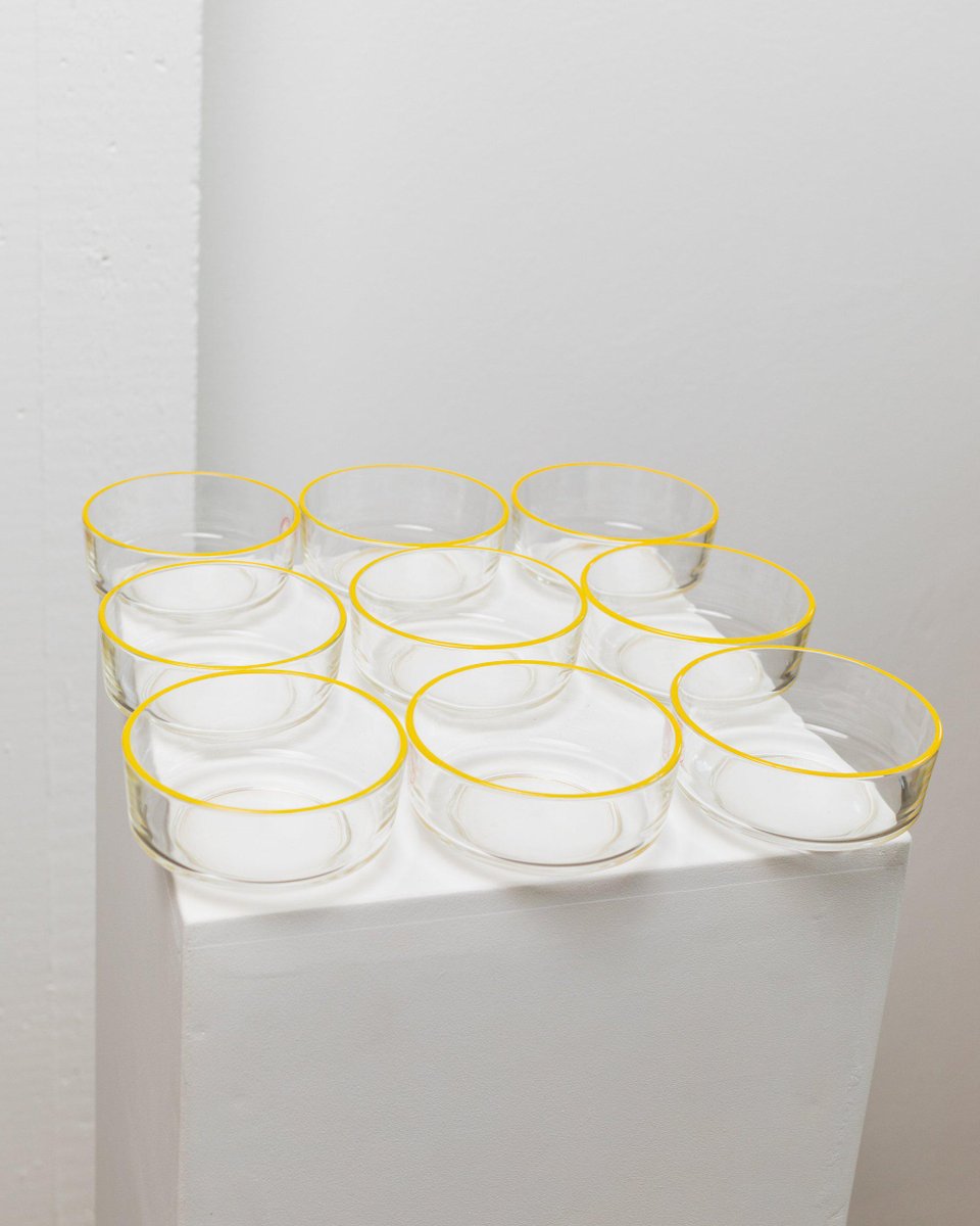 Vintage Empoli Glass Bowls in Clear Glass with Yellow Rim from Fratelli Buggiani,1980s, Set of 9