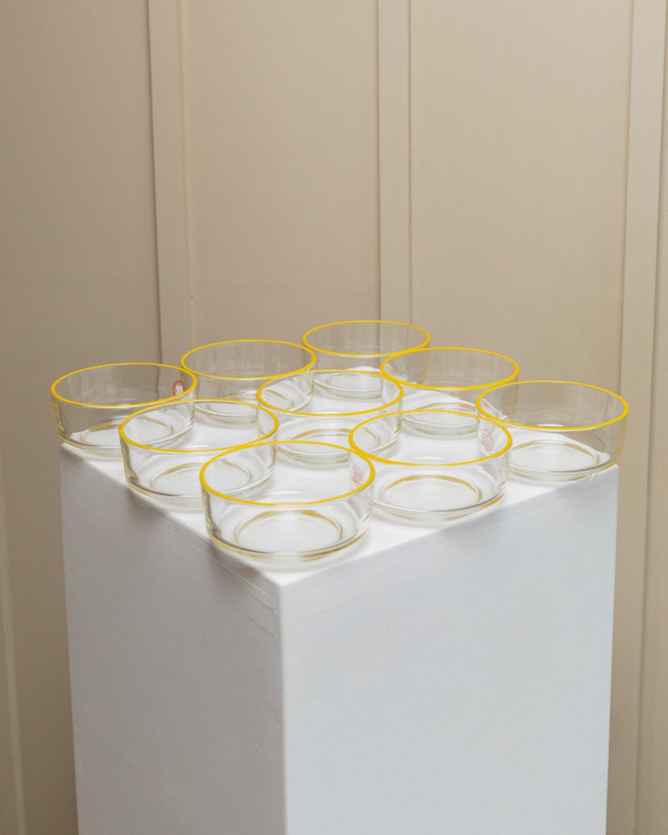 Vintage Empoli Glass Bowls in Clear Glass with Yellow Rim from Fratelli Buggiani,1980s, Set of 9