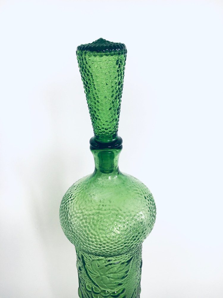 Vintage Empoli Glass Green Wine Decanter Bottle with Stopper, 1960s