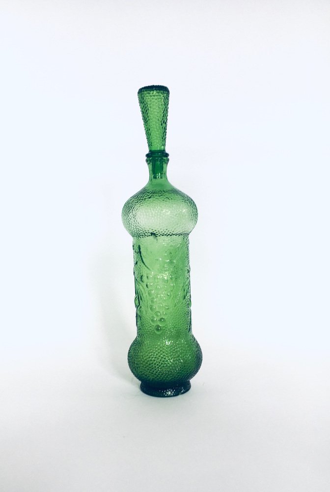 Vintage Empoli Glass Green Wine Decanter Bottle with Stopper, 1960s