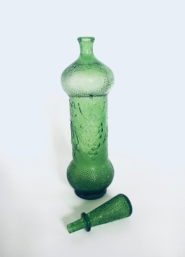 Vintage Empoli Glass Green Wine Decanter Bottle with Stopper, 1960s