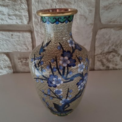 Vintage Enamel Vase with Blue Flowers, 1950s-GSF-1812833