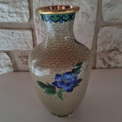 Vintage Enamel Vase with Blue Flowers, 1950s-GSF-1812833