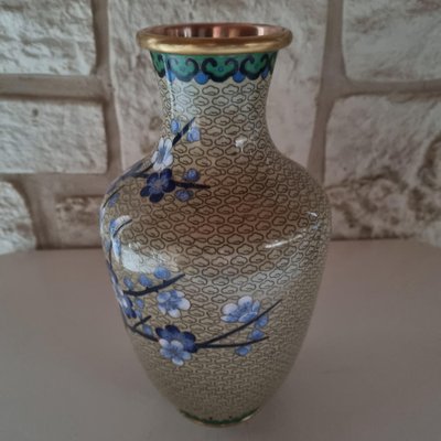 Vintage Enamel Vase with Blue Flowers, 1950s-GSF-1812833