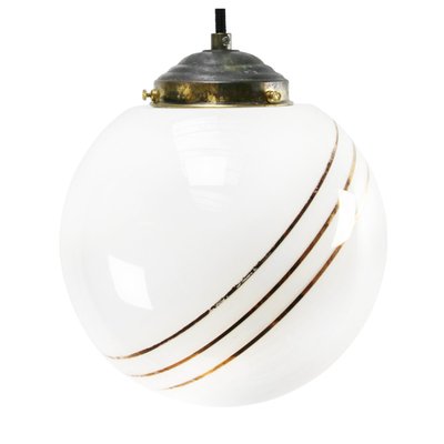 Vintage European Gold-Striped Opaline Glass Globe Pendant with Brass Top-BLS-931044