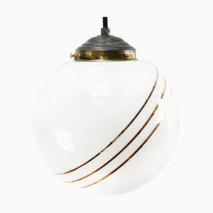 Vintage European Gold-Striped Opaline Glass Globe Pendant with Brass Top-BLS-931044