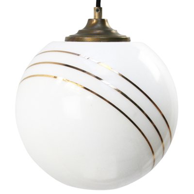 Vintage European Opaline Glass & Brass Top Gold Striped Globe Pendant Light-BLS-1233884