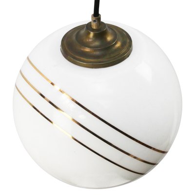 Vintage European Opaline Glass & Brass Top Gold Striped Globe Pendant Light-BLS-1233884