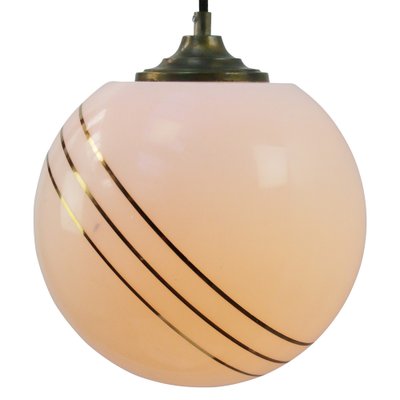 Vintage European Opaline Glass & Brass Top Gold Striped Globe Pendant Light-BLS-1233884