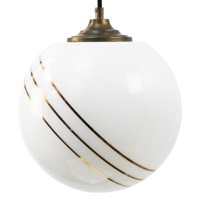 Vintage European Opaline Glass & Brass Top Gold Striped Globe Pendant Light-BLS-1233884