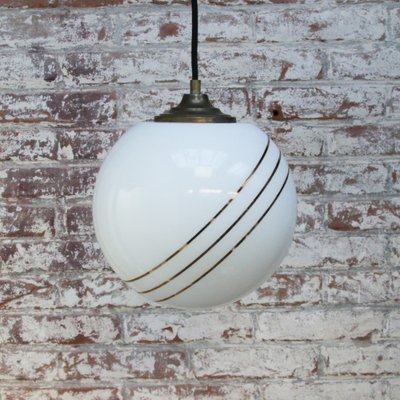 Vintage European Opaline Glass & Brass Top Gold Striped Globe Pendant Light-BLS-1233884