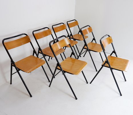 Vintage Folding Chair in Metal and Wood, 1960s, Set of 7-NYF-2019039