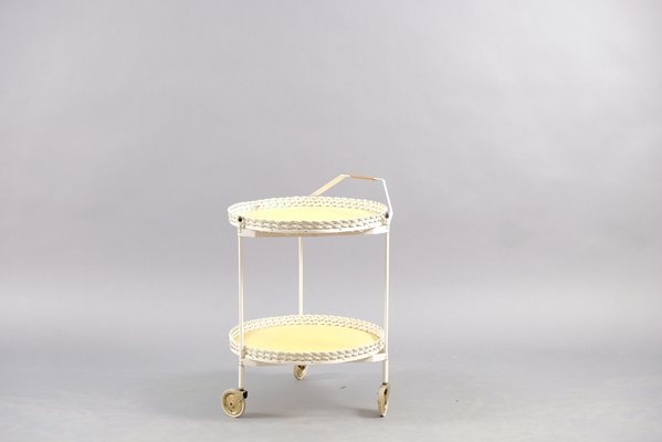 Vintage Folding Rattan & White Metal Tea Cart, 1960s-CIP-638925