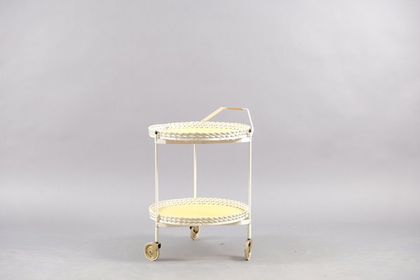 Vintage Folding Rattan & White Metal Tea Cart, 1960s-CIP-638925