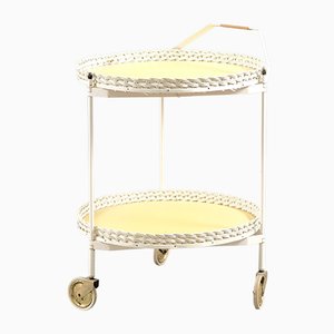 Vintage Folding Rattan & White Metal Tea Cart, 1960s-CIP-638925