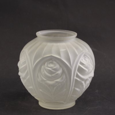 Vintage French Art Deco Etched Glass Geometric Rose Motif Vase, 1930s-SY-1078792