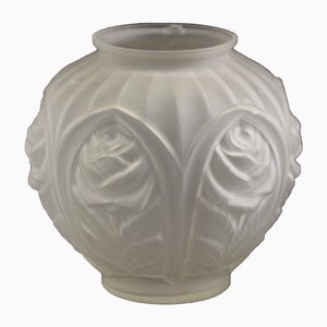 Vintage French Art Deco Etched Glass Geometric Rose Motif Vase, 1930s-SY-1078792