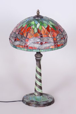 Vintage French Art Deco Table Lamp in Enameled Bronze and Glass Shade, 1970s-WHY-1726473