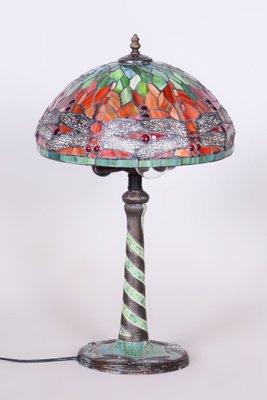 Vintage French Art Deco Table Lamp in Enameled Bronze and Glass Shade, 1970s-WHY-1726473