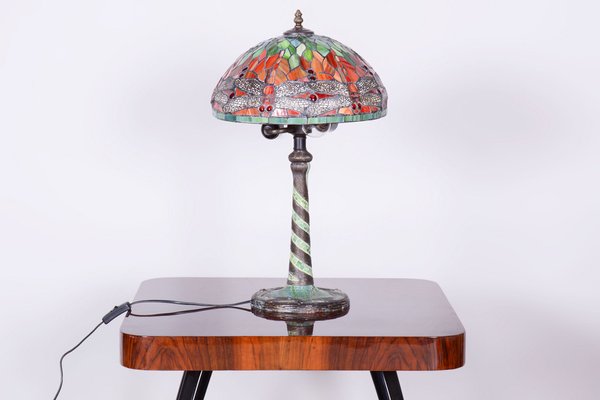 Vintage French Art Deco Table Lamp in Enameled Bronze and Glass Shade, 1970s-WHY-1726473