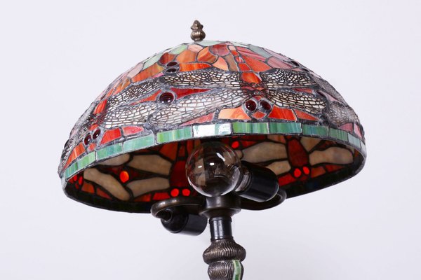 Vintage French Art Deco Table Lamp in Enameled Bronze and Glass Shade, 1970s-WHY-1726473