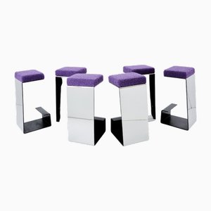 Vintage French Bouclé Bar Stools in Wrought Iron and Polished Steel, 1970s, Set of 6-YJA-2034692