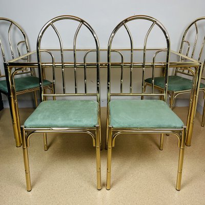 Vintage French Brass Faux Bamboo Dining 4 Chairs and Table, 1970s, Set of 5-WQC-1074323