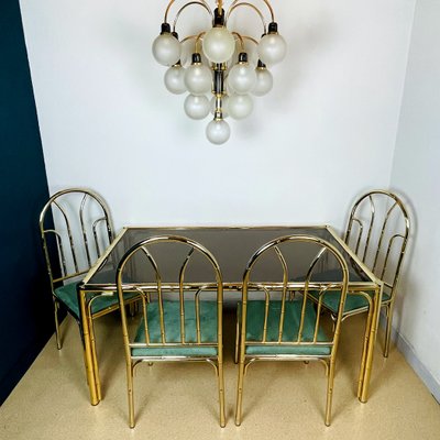 Vintage French Brass Faux Bamboo Dining 4 Chairs and Table, 1970s, Set of 5-WQC-1074323