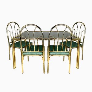 Vintage French Brass Faux Bamboo Dining 4 Chairs and Table, 1970s, Set of 5-WQC-1074323