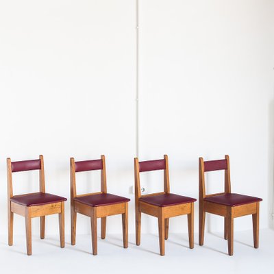 Vintage French Chairs in Oak & Imitation Leather, 1950s, Set of 4-ZFJ-958006