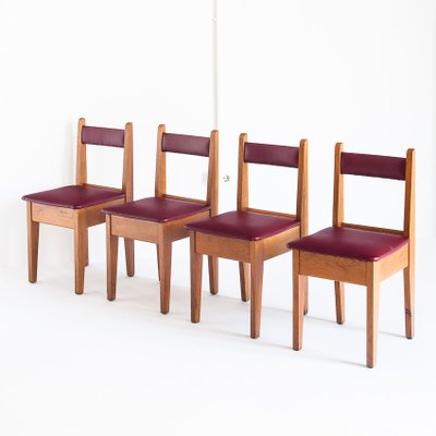 Vintage French Chairs in Oak & Imitation Leather, 1950s, Set of 4-ZFJ-958006