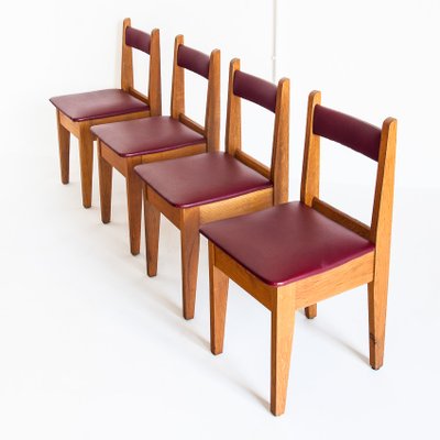 Vintage French Chairs in Oak & Imitation Leather, 1950s, Set of 4-ZFJ-958006