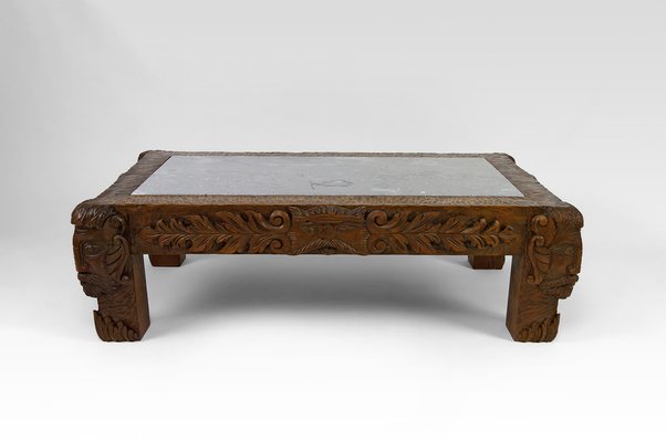 Vintage French Coffee Table in Oak Carved with Faun Heads and Marble Top, 1940-XNH-1804563