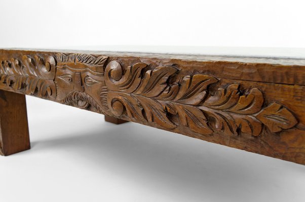 Vintage French Coffee Table in Oak Carved with Faun Heads and Marble Top, 1940-XNH-1804563