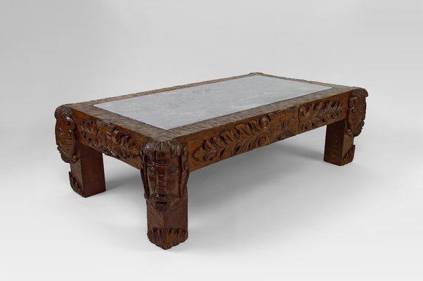 Vintage French Coffee Table in Oak Carved with Faun Heads and Marble Top, 1940-XNH-1804563