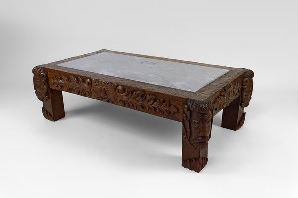 Vintage French Coffee Table in Oak Carved with Faun Heads and Marble Top, 1940-XNH-1804563