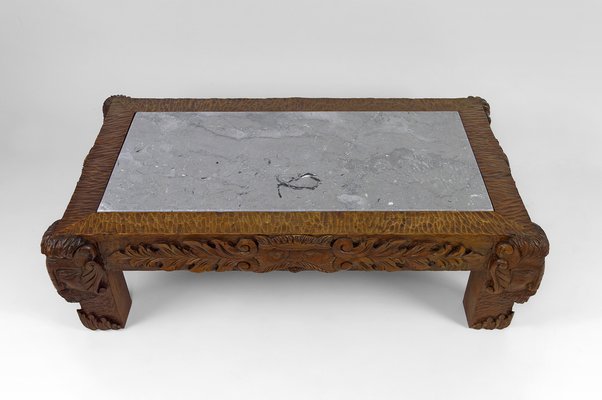 Vintage French Coffee Table in Oak Carved with Faun Heads and Marble Top, 1940-XNH-1804563