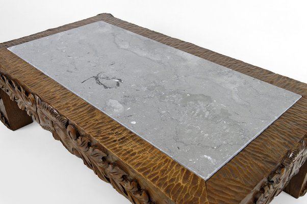 Vintage French Coffee Table in Oak Carved with Faun Heads and Marble Top, 1940-XNH-1804563