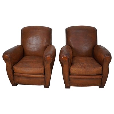 Vintage French Cognac Leather Club Chairs, Set of 2-XO-2042246