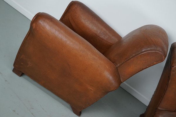 Vintage French Cognac Leather Club Chairs, Set of 2-XO-2042246