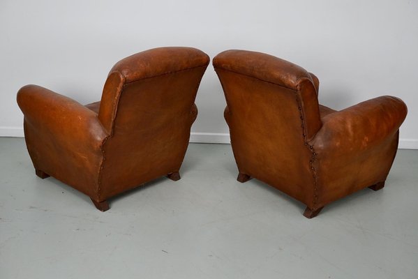 Vintage French Cognac Leather Club Chairs, Set of 2-XO-2042246