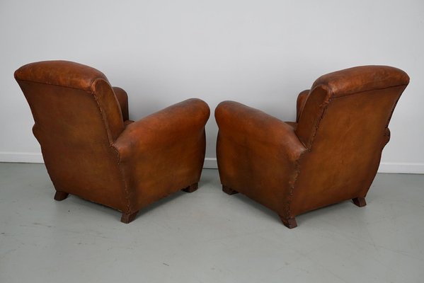 Vintage French Cognac Leather Club Chairs, Set of 2-XO-2042246