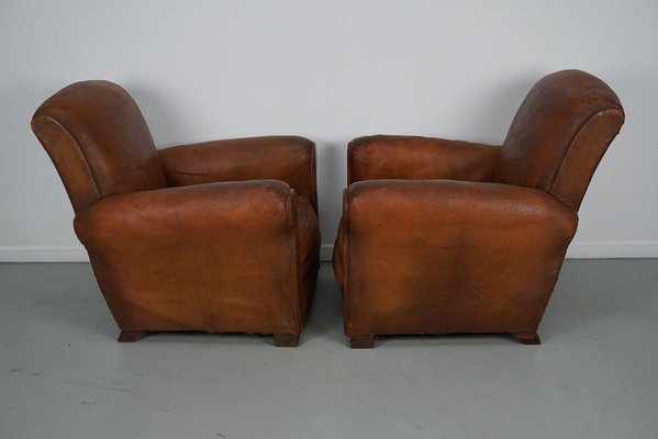 Vintage French Cognac Leather Club Chairs, Set of 2-XO-2042246