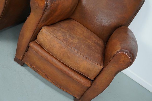 Vintage French Cognac Leather Club Chairs, Set of 2-XO-2042246