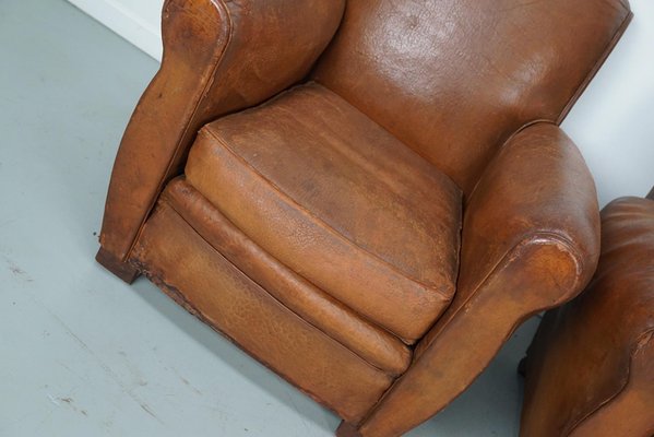 Vintage French Cognac Leather Club Chairs, Set of 2-XO-2042246